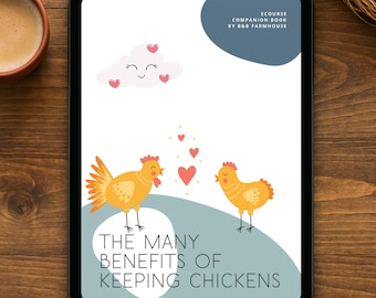 May include: A digital tablet displays a colorful illustration about chickens. The image features two yellow chickens, hearts, and a smiling cloud. Text reads "The Many Benefits of Keeping Chickens" and "Ecourse Companion Book by B&B Farmhouse."