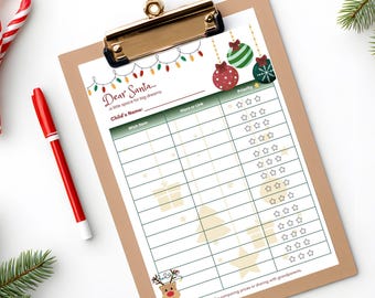 May include: A clipboard with a Christmas-themed wish list. The list includes the text "Dear Santa..." and has spaces for a child's name, wish items, and priority ratings. Decorative elements include Christmas ornaments, a reindeer, and a candy cane.