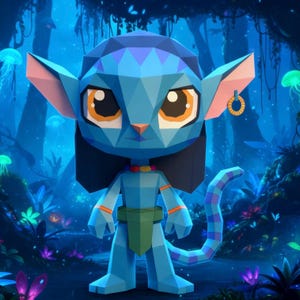 Puede incluir: Una figura geométrica estilizada de un personaje Na'vi de la película Avatar. La figura es principalmente azul con grandes ojos naranjas, orejas rosas y una cola estampada. Viste un taparrabos verde y un collar colorido.