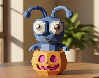 May include: A blue geometric insect-like figure emerging from an orange jack-o'-lantern. The figure has large eyes and antennae. The pumpkin has a carved face with a pink interior. The scene is set on a wooden surface with a plant in the background.