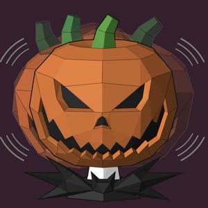 May include: A low-poly orange pumpkin head with a jagged, dark triangular face and green stems on top. The pumpkin wears a black, pointed bat-shaped bowtie at the base. The design features geometric facets and white motion lines on the sides.