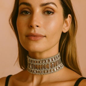 Puede incluir: Un collar gargantilla plateado con adornos rectangulares y redondos. El collar se lleva alrededor del cuello. El fondo es de color rosa claro liso. La modelo lleva un top negro.