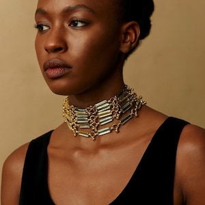 Collar de espejos dorado con  rectangulos encadenados, Gargantilla Vintage Glam