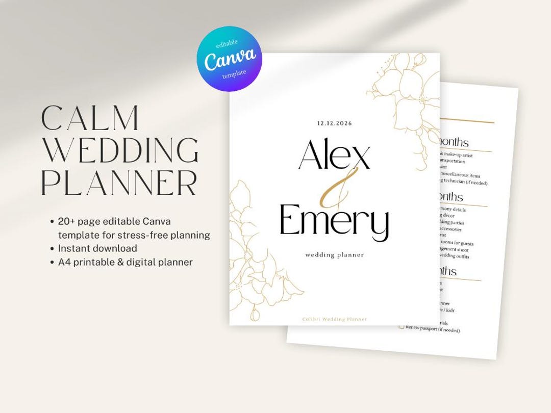 Calm Wedding Planner Template | Editable on Canva | Wedding Checklist ...