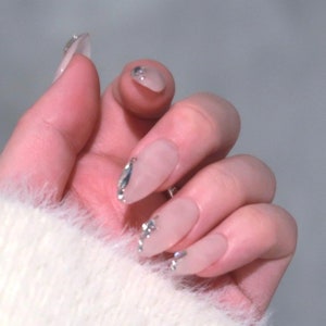 Gem Rhinestone Skim Tone Press-On Nails|  Fingertip Gems | Natural Colour Wedding Nails