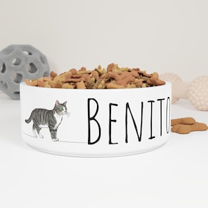 Custom Ceramic Food Bowl with Name & Pet Line Art, Custom Cat Bowl, Custom Ceramic Pet Dish, Line Art Portrait from Photo, Cat Lover Gift