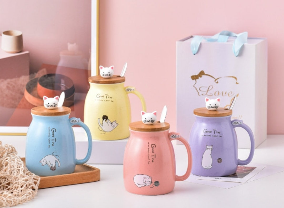 Kawaii Tea Cup With Infuser Ceramic Cat Mug Cute Mug Coffee Etsy