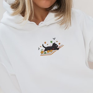 Halloween Embroidered Cat Sweatshirt Fall Hoodie, Embroidered Halloween Cat Hoodie, Cat sweater, Black Cat Shirt, Book Crew,Fall cozy hoodie