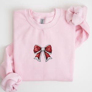 embroidered bow christmas sweatshirt, embroidered coquette sweatshirt, christmas girly, gift for her christmas, embroidered red bow