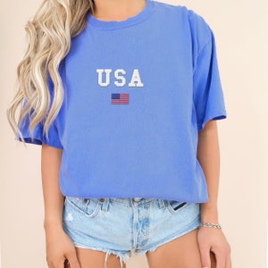 Embroidered Comfort Colors USA American Flag Tee, Boat Day, July 4th, Lake Day, Memorial Day Labor Day Patriotic Shirt, Red White and Blue