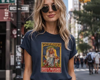 Woman Tiger Matchbox Art T-shirt | Vintage Swedish Safety Matches Illustration
