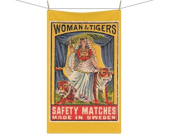 Kökshandduk med vintagemotiv, kvinna med tigrar - Svensk bomullsdekoration för köket