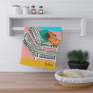Hotel Hounds Beverly Hills Cotton Tea Towel, Kitchen, Bar, Hand. D Blum Artwork, Gift for Dog, Dachshund Lovers Home Decor Hostess Gift