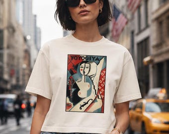 Japanese Art Deco Bar T-Shirt, Yoyogiya Matchbox Graphic Tee, Cropped Cotton Shirt