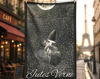 Jules Verne Tea Towel: From Earth to Moon Illustration, Vintage Sci Fi Decor