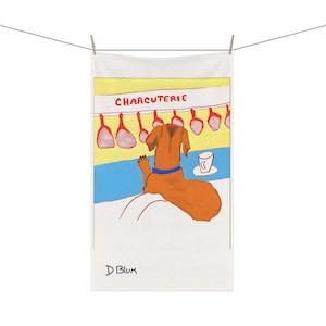 Dachshund Tea Towel, Hotel Hounds Kitchen Bar Hand Towel, Charcuterie Dog,  D Blum Artist, Cotton Twill, Free Shipping