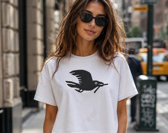 Black Bird Graphic Tee | Boxy Cropped Shirt | Minimalist Art