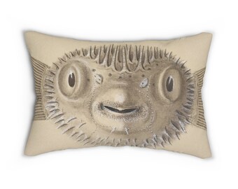 Pufferfish Pillow: Vintage 1840s Fish Illustration Lumbar Pillow