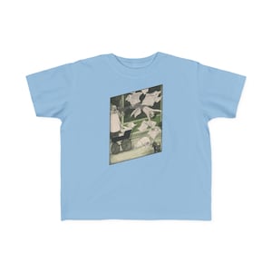 Unieke peuter Jersey Tee, vintage 1910 kinderboekillustraties, weggelopen kinderwagen, slimme fantasie, schuin ontwerp, originele afbeelding