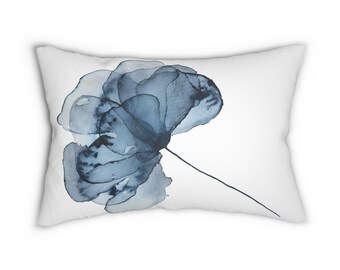 Blue Watercolor Flower Lumbar Pillow: Elegant Home Decor Cushion
