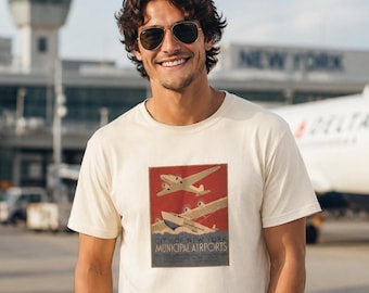 NYC Vintage Airport Poster Graphic T-Shirt | Retro Planes Aviation Tee