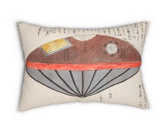 Edo Period Japanese Flying Saucer Lumbar Pillow: Vintage Calligraphy Art