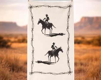 Cowboy Riding Horse Silhouette Tea Towel | Barbed Wire Border