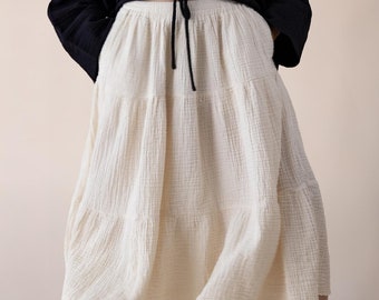 Cotton Gauze Midi Skirt with Pockets, Super Stretchy Elastic Waistband, Triple Layered Natural Fiber Muslin Skirt - Maternity Skirt