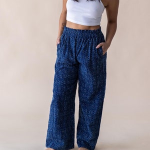 Indigo Dyed Stonewash Cotton Pull-on Pants with Pockets, Elastic Waistband, Relaxed Fit - High Waisted Gingham Pants, Sustainable Loungewear