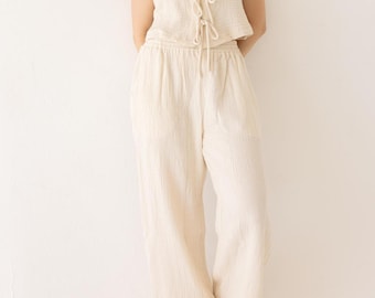 Hose mit weitem Bein aus Bio-Baumwoll-Musselin | Dreilagiger Musselin, elastische Taille | Boho Lounge Hose, natürliche Färbung, Einheitsgröße