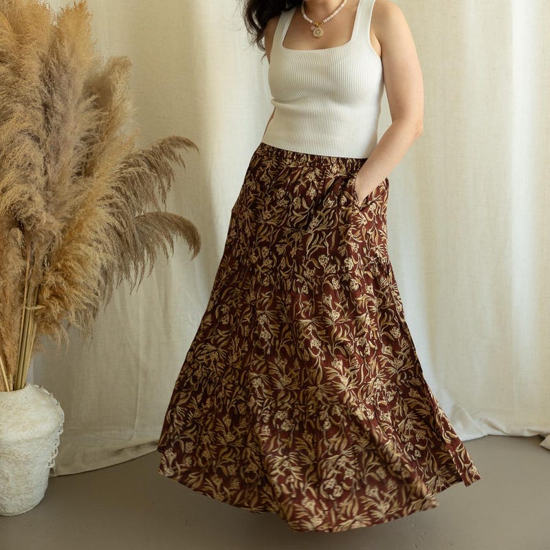 Dark brown large floral print maxi skirt