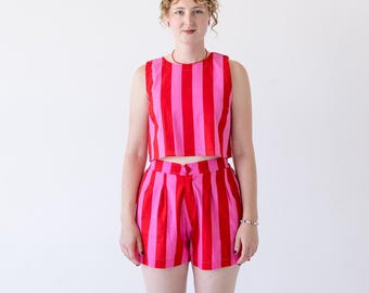 Matching Set Tank Top and Shorts - Hand block printed 100% cotton summer set - Striped, Astrology, Red, Blue
