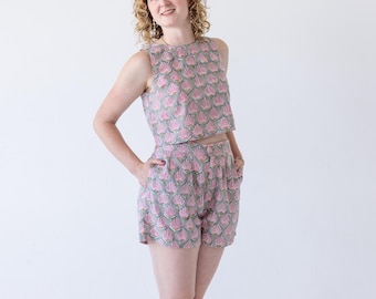 Matching Set Tank Top and Shorts - Hand block printed 100% cotton summer set - Striped, Astrology, Red, Blue