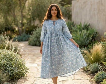artisanal blue midi dress Navy Blue Checks Handspun Cotton A-Line Button-Down Midi Dress 40