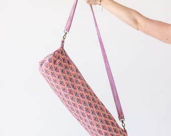 Block Print Quilted Yoga Bag | Hand Block Printed Cotton, Zipper, 24" Mat Bag | Boho Gym Bag Gift