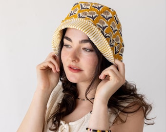Block Print Quilted Bucket Hat | Hand Block Printed Cotton, Handmade India | Boho Sun Hat Gift