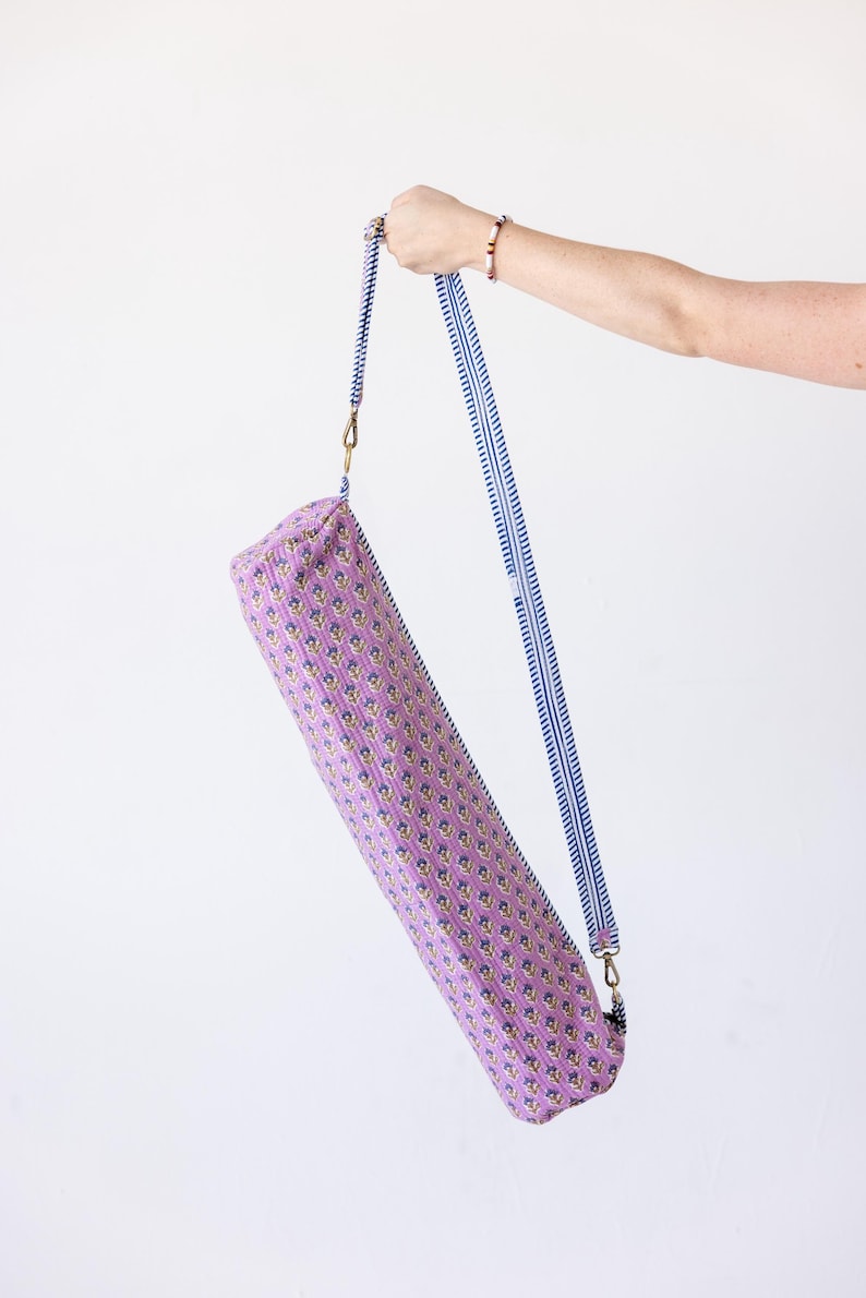 Yoga Mat Bag | Block Print Quilted Cotton Gym Sling with Zipper, Boho Mat Carrier, Gift for Her, Fits 24" 26" Purple