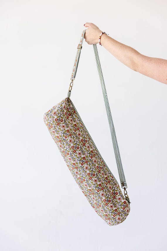 Yoga Mat Bag | Block Print Quilted Cotton Gym Sling with Zipper, Boho Mat Carrier, Gift for Her, Fits 24" 26"
