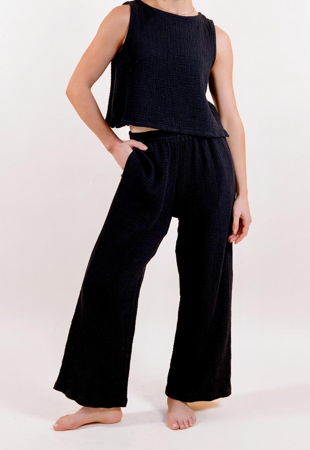 Organic Cotton Gauze Pants with Pockets – Triple Layer Crinkle Cotton, High Waist Pull-On Style, Handmade,  Women's Loungewear