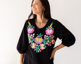 Hand Embroidered Midi Dress | Natural Cotton Dress, Floral Embroidery, 3/4 Sleeve, Pockets | Artisan Made