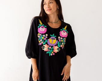 Black Midi Dress with Pockets – Hand Embroidered Floral Cotton Dress, Elegant Scoop Neck, 3/4 Sleeves, Ethically Made in Thailand