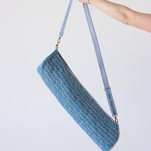 Yoga Mat Bag | Block Print Quilted Cotton Gym Sling with Zipper, Boho Mat Carrier, Gift for Her, Fits 24" 26" Blue