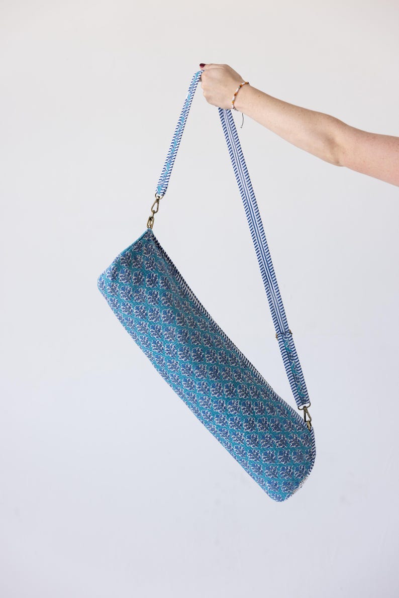 Yoga Mat Bag | Block Print Quilted Cotton Gym Sling with Zipper, Boho Mat Carrier, Gift for Her, Fits 24" 26" Blue