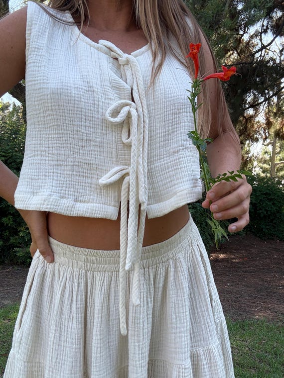 Cotton Gauze Tie Front Tank Top | Triple Layer Crinkle Muslin, Natural White Tank Top | Boho Crop Top Women
