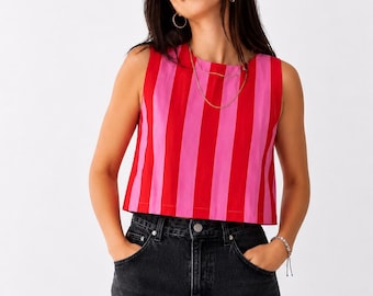 Top corto con estampado de bloques, camiseta sin mangas de algodón a rayas rojas y rosas, top bohemio indio hecho a mano con rayas anchas, top de verano de cuello alto, regalo para ella.