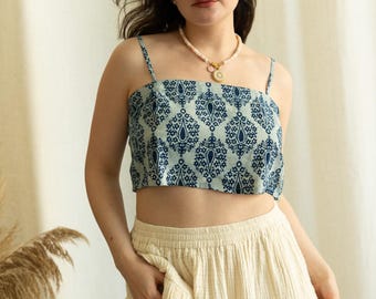 Indian Block Print Square Neck Crop Top – Lightweight Cotton Summer Tank, Sustainable Fashion, Matching Set Top