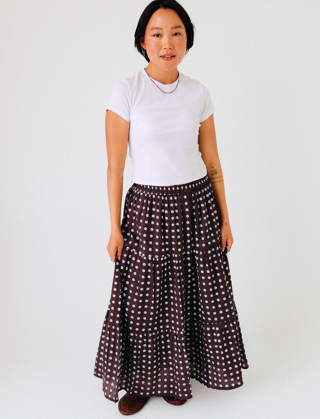 Fall Maxi Skirt for Women Black Daisy Hand Block Print Cotton, Elastic Waist, Pockets, S/M-L/XL Boho Autumn Handmade India