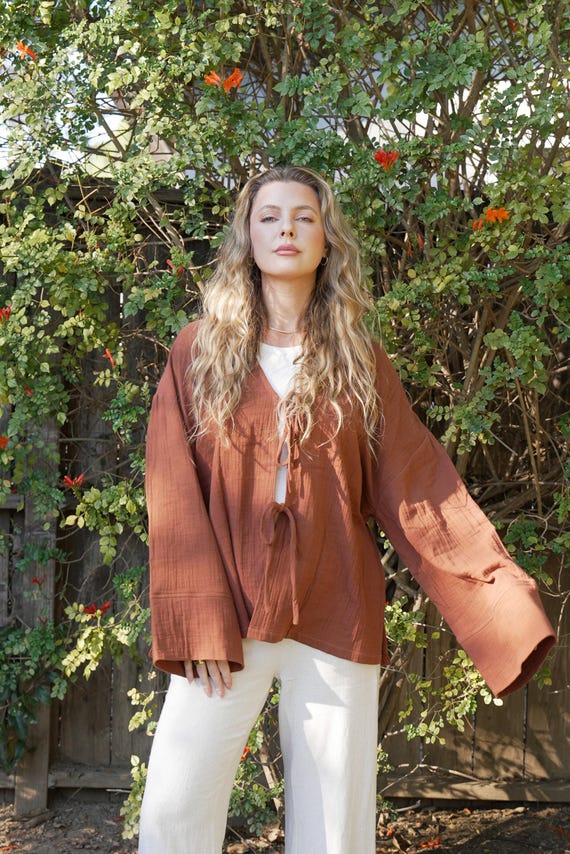 Gauze Tie Front Kimono | Oversized Cotton Sweater, Maternity Friendly | Boho Kimono Jacket Women Natural Fiber Beach Cover Up