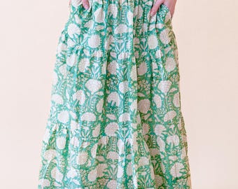 Block Print Maxi Skirt with Pockets – Lined Cotton Skirt, Handmade Indian Fabric, High Waist Elastic Skirt, Lightweight Summer Style