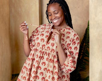 Block Print Cotton Mini Dress | Puff Sleeve, Tiered Skirt, Pockets, XS-XL | Boho Floral Summer Dress
